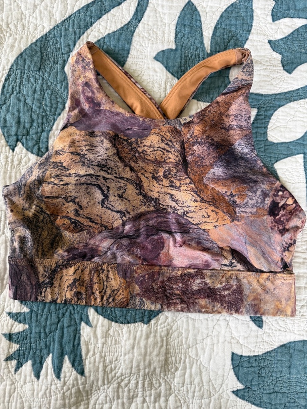 Fabletics Marble-Print Racerback Sports Bra - Brown, Purple, Tan